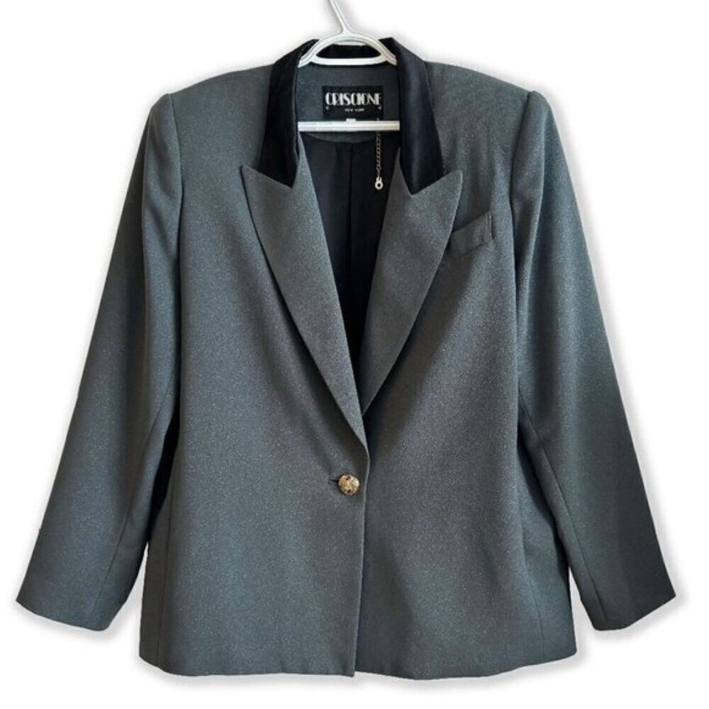 Vintage 80s Criscione NY Green Glitter Oversized Blazer with Black Satin Collar
